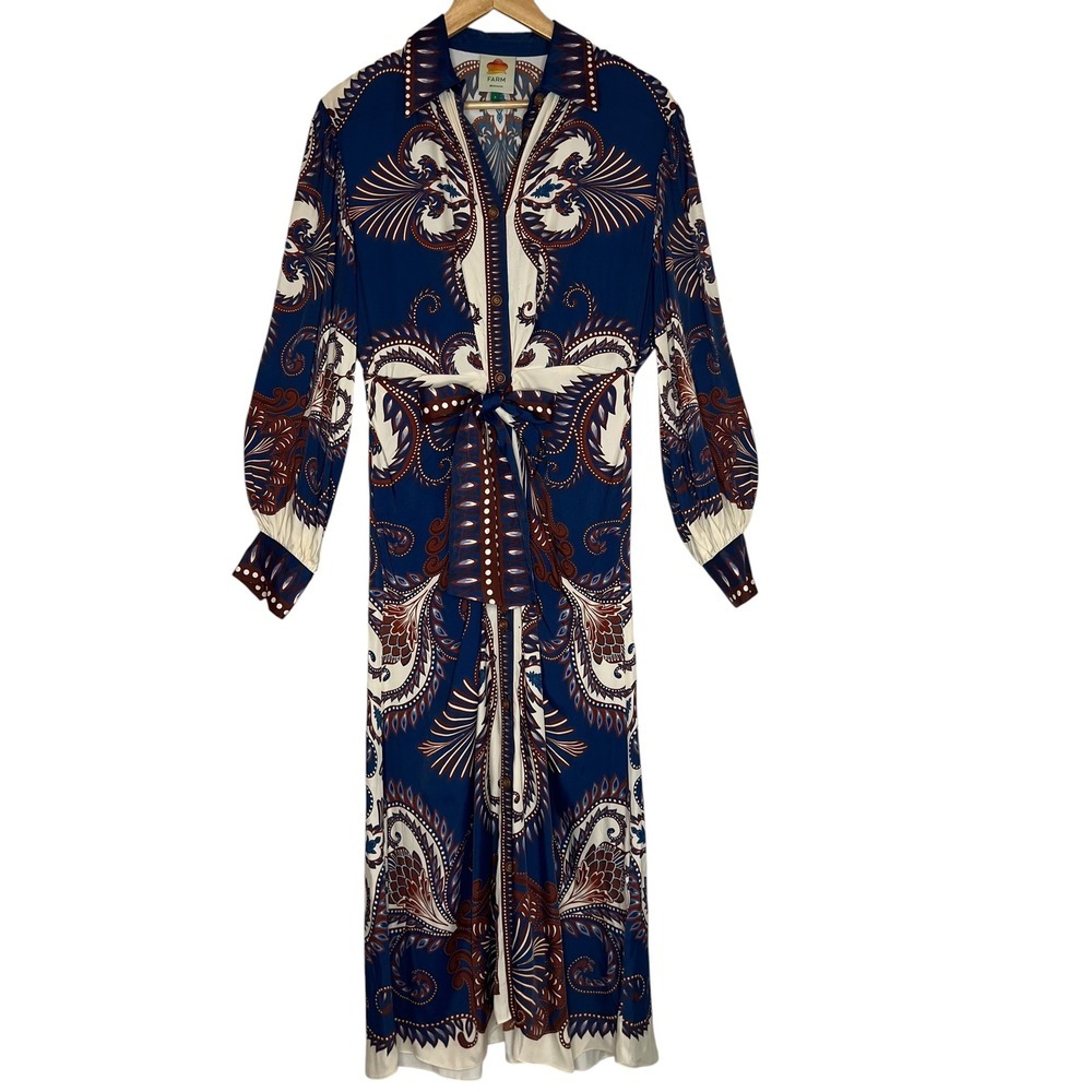 Farm Rio Blue Arabesque Scarf Long Sleeve Button Shirt Midi Dress SZ S - Picture 2 of 16
